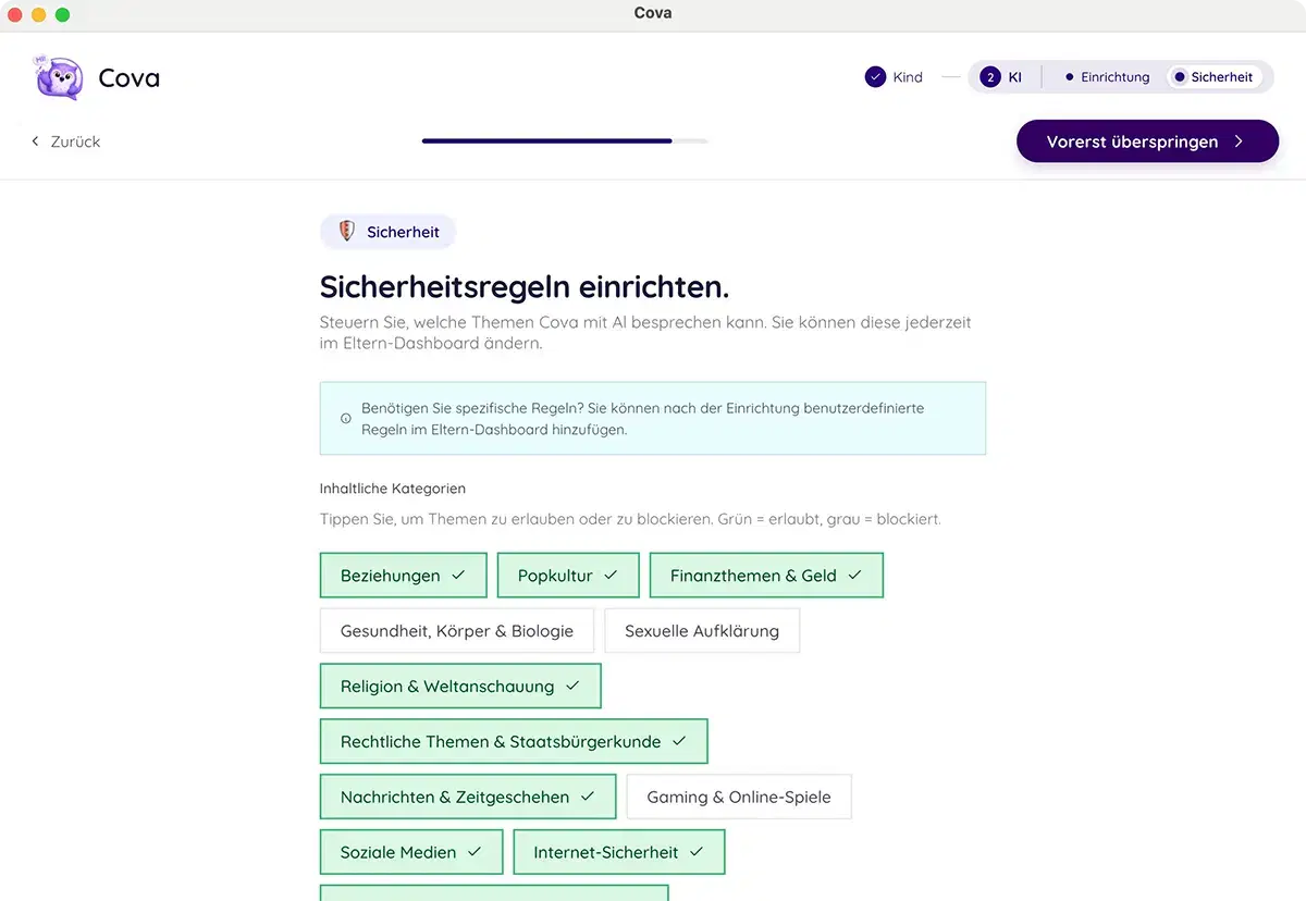 Setting up AI safety rules in Cova onboarding