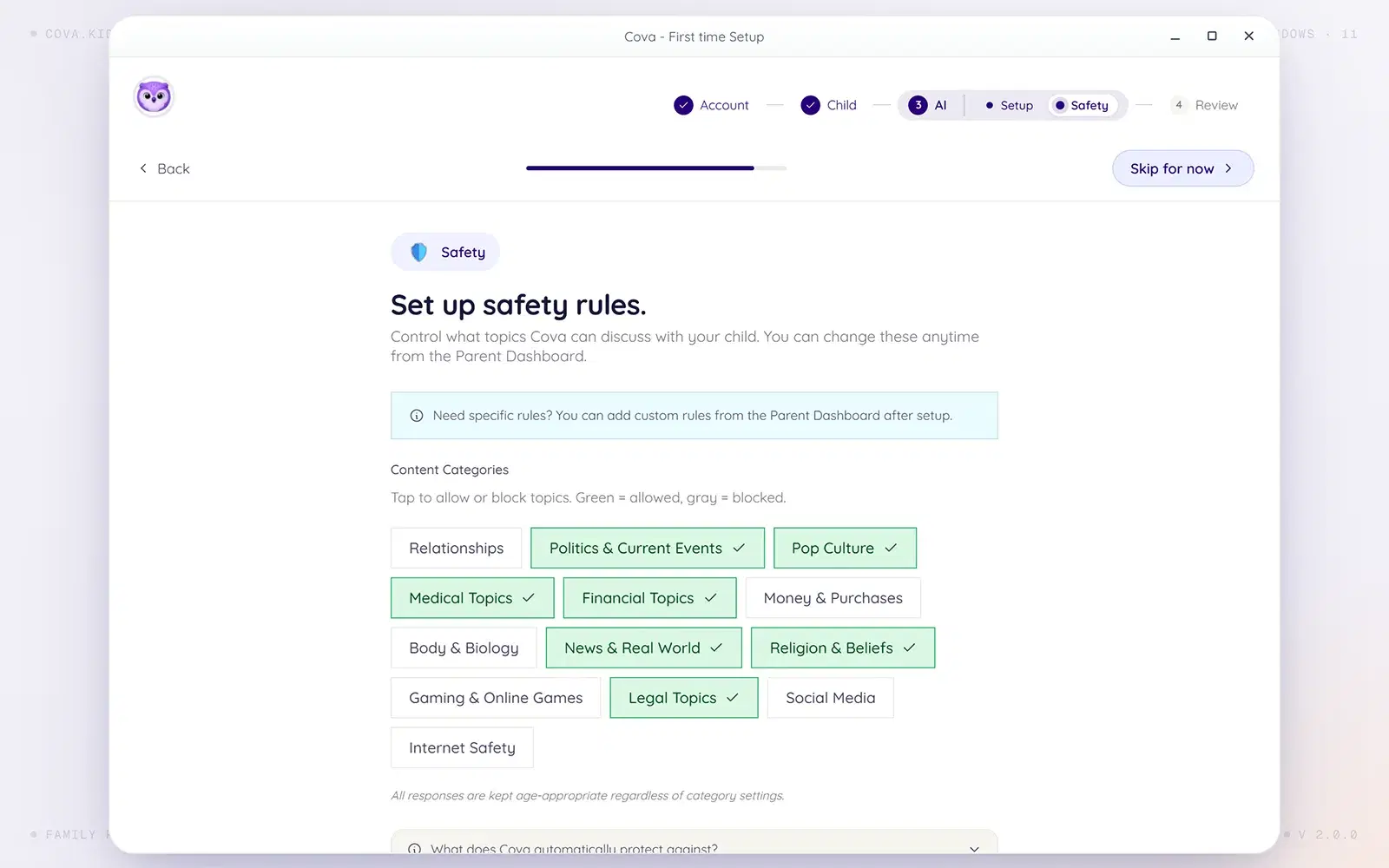 Setting up AI safety rules in Cova onboarding