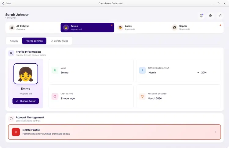 Cova profile settings